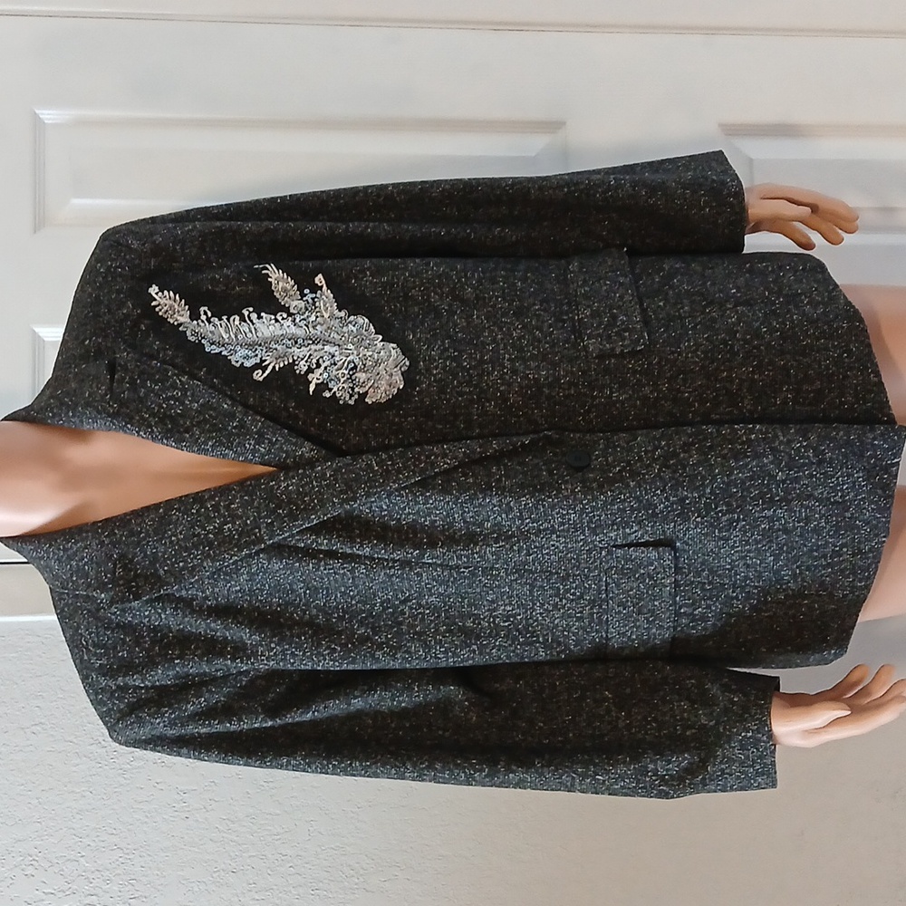 Gray Tweed Blazer with Silver Embellishment